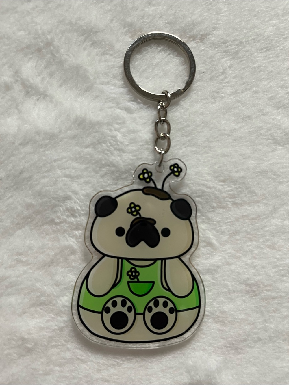 Pug fawn color Cute Pug Keychain - Green Pug Charm. Acrylic flat color.